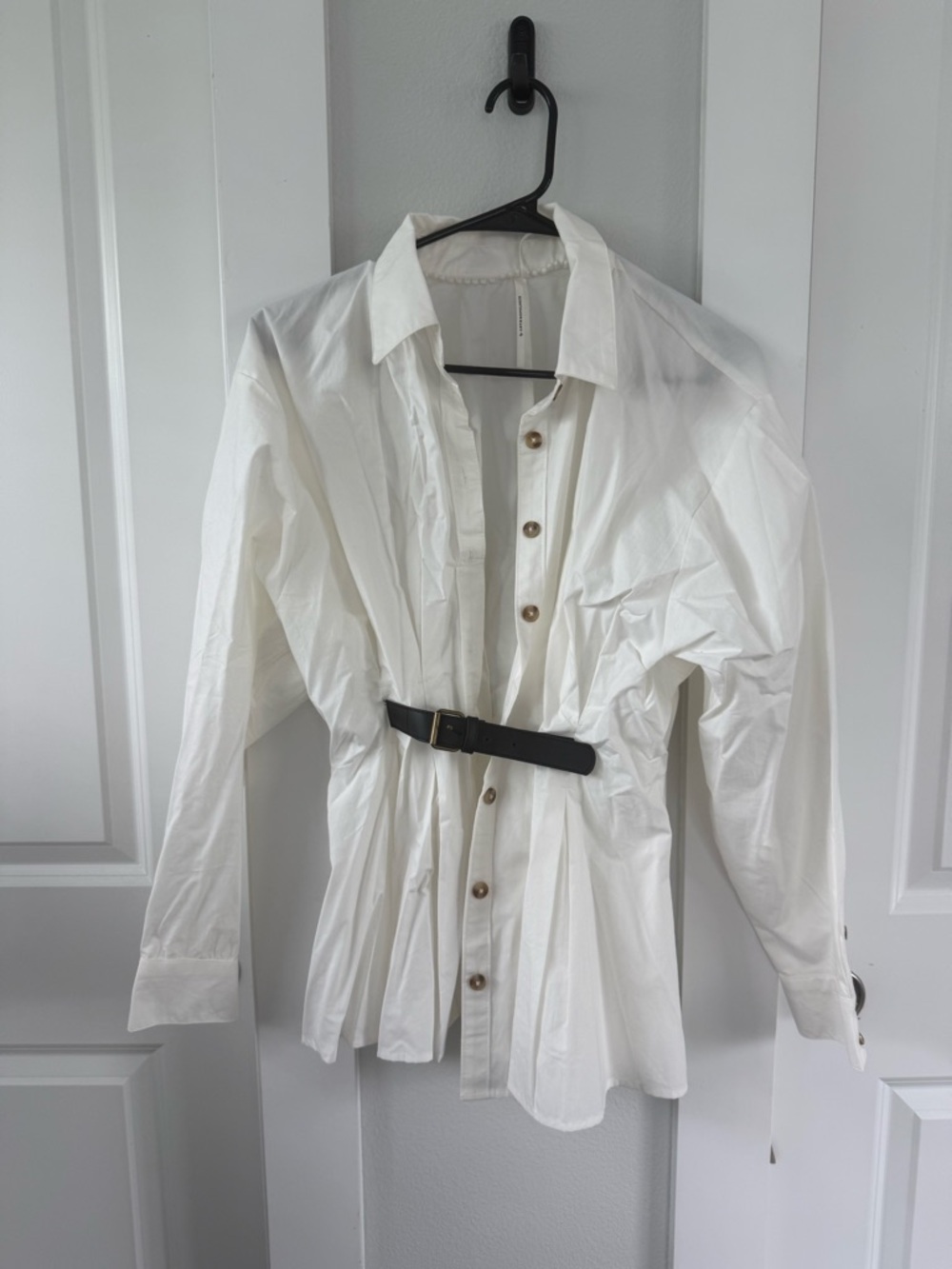 Anthropologie Cream Button-Front Peplum Blouse with Black Belt Accent - Picture 5 of 7